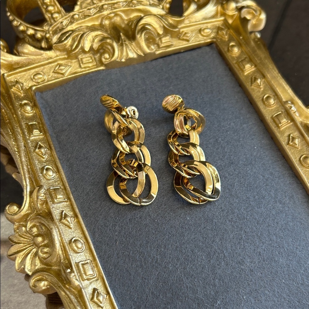 Vintage Monet Gold Chain Link Drop Clip On Earrings - Women Jewelry